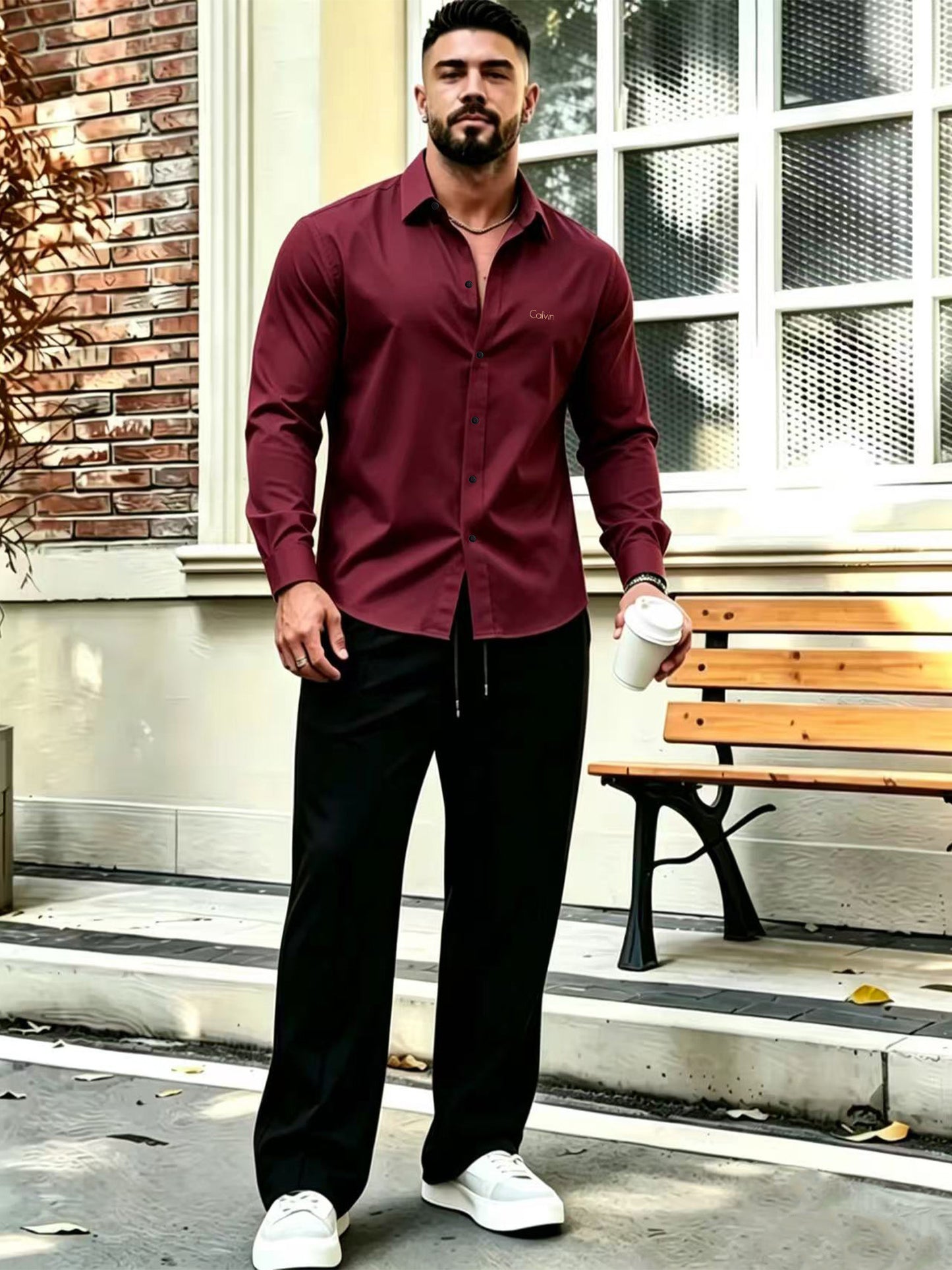 Men's Business Casual Shirt and Trousers Set - Polyester, All Season