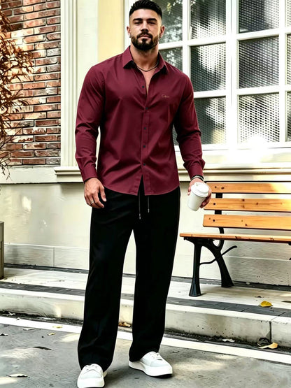 Men's Business Casual Shirt and Trousers Set - Polyester, All Season