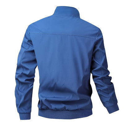 Men's Casual Royal Blue Bomber Jacket - Full Zip, Loose Fit, Polyester, Stand Collar, Long Sleeve, Lightweight & Durable for Spring and Fall, Casual Outerwear | Ribbed Cuff Sleeves | Durable Outerwear