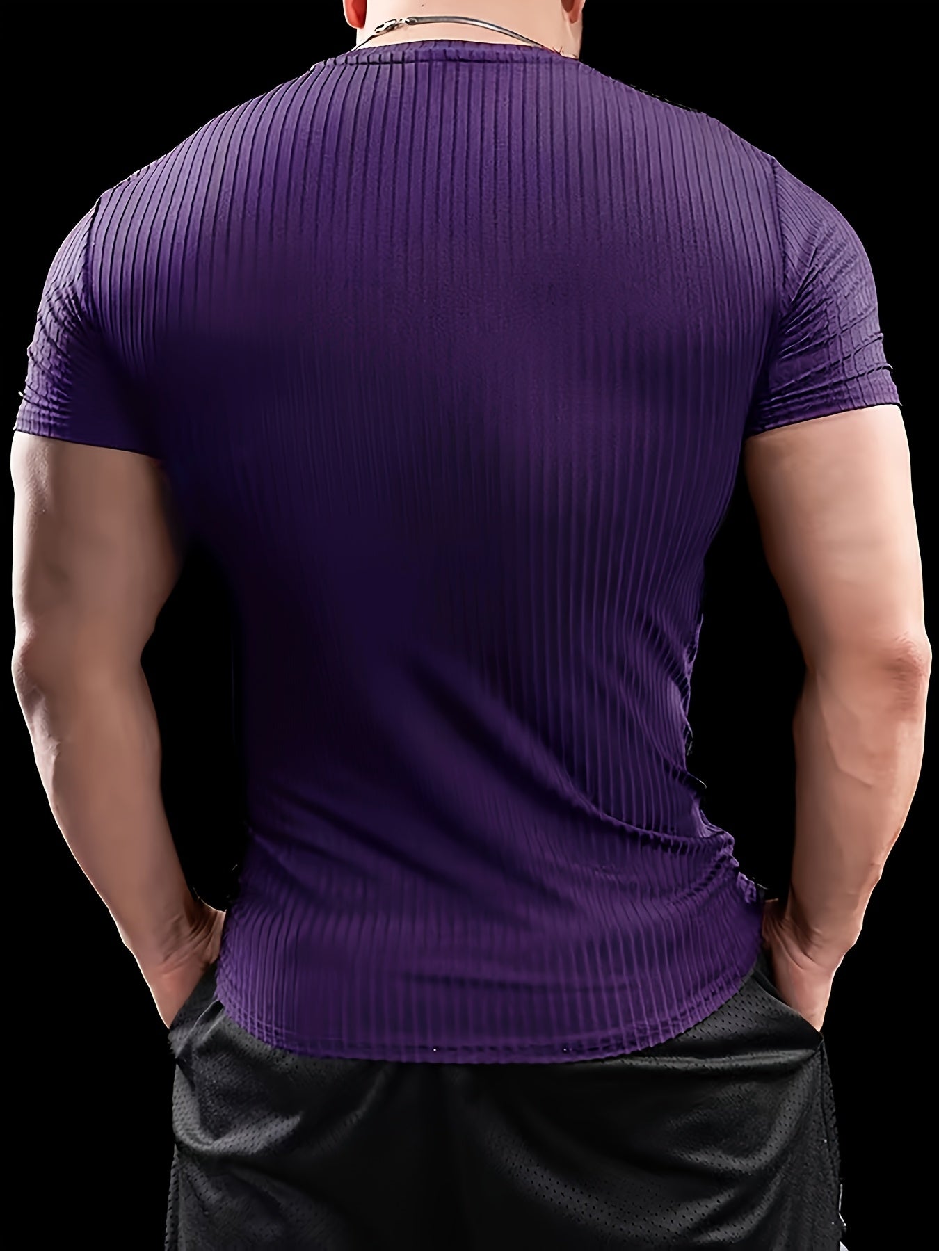 Men's Slim Fit Ribbed Short Sleeve T-Shirt - Stretchy Athletic  Casual Wear, Green, Round Neck, Machine Washable, Muscle-Enhancing Design, Gym Shirts