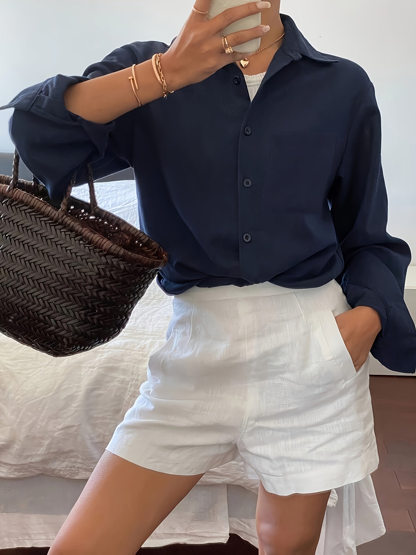 Elegant Women's Classic Collar Button-Up Shirt – All-Season Polyester