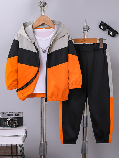 Boys' Casual Color-Block Hooded Jacket and Pants Set - ayq
