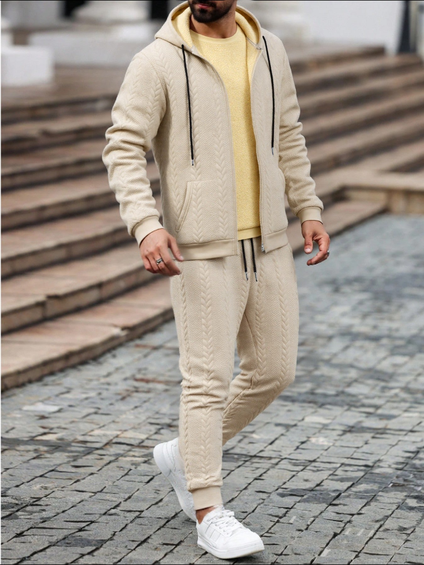 Men's Winter Fashion Two-Piece Set: Jacquard Hooded Cardigan with Lining & Long Pants – Ideal for Autumn and Winter, Winter Clothes For Men