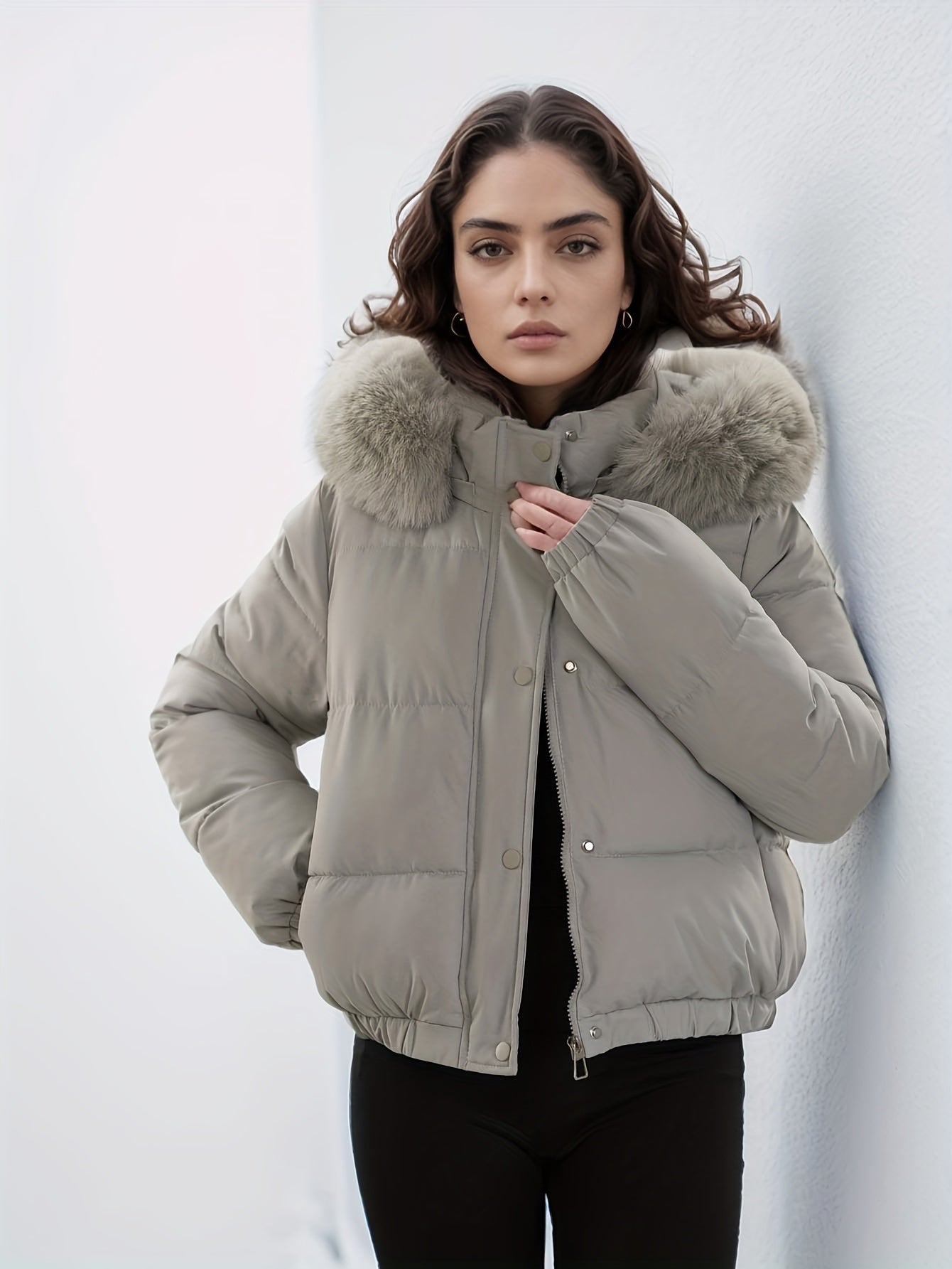 Women'S Winter Coat with Removable Faux Fur Hood - Thickened Loose Fit Long Sleeve Jacket, Zippered Pockets & Button Front, Casual Solid Color Outerwear for Cold Weather, Cozy Warmth, Buttoned Closure, Durable Fabric