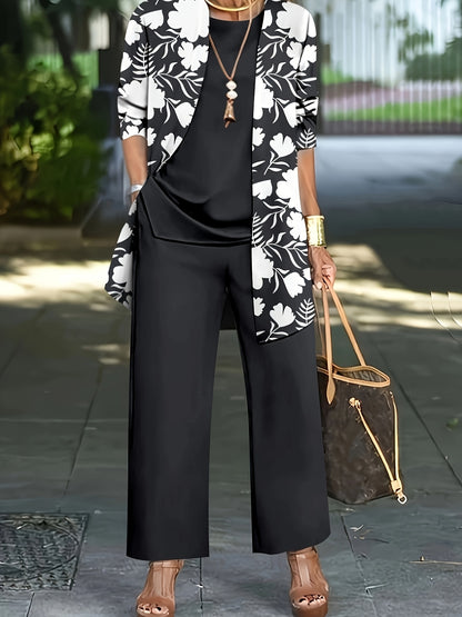 Plus Size, A three-piece set of Women's plus-size elegant floral print top and solid-color vest pants