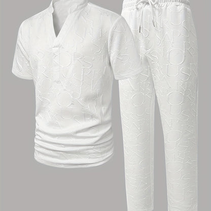 Men'S Stand Collar Loose V-Neck and Drawstring Waist Pants Henley Shirt Set