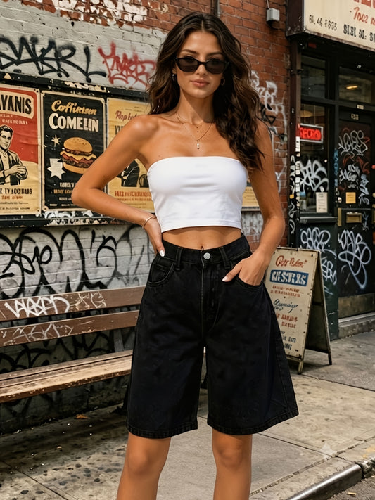 Women's High-Waist Black Denim Shorts with Pockets, Casual Wide-Leg Su
