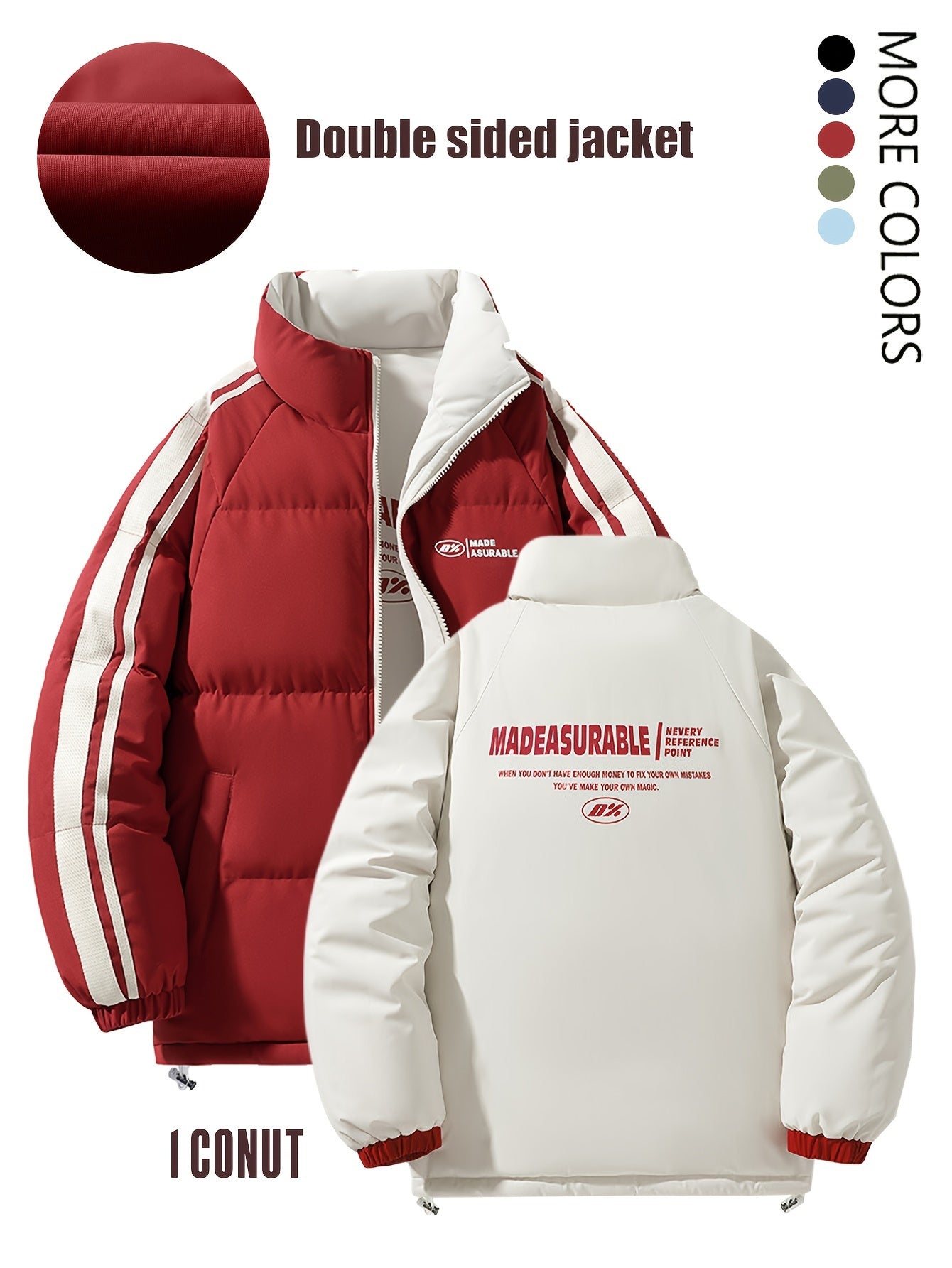 Men'S Double-Sided Winter Jacket - Thickened Stand Collar, Zip-Up Casual Long Sleeve Coat with "MADEASURABLE" & "I CONUT" Branding, Black & White, Regular Fit for Autumn & Winter, Autumn Outerwear, Bold Lettering, Durable Fab