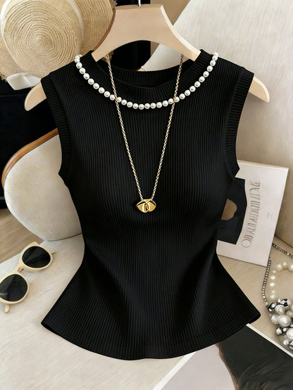 Women’s Elegant Pearl-Embellished Sleeveless Slim-Fit Top