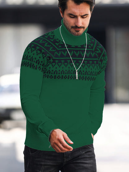 Men's Geometric Graphic Print Knitted Pullover, Casual Long Sleeve Turtle Neck Sweater For Fall Winter, Outdoor Cloth