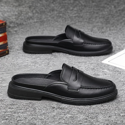 Men's Casual British-Style PU Slip-On Slippers with Round Toe