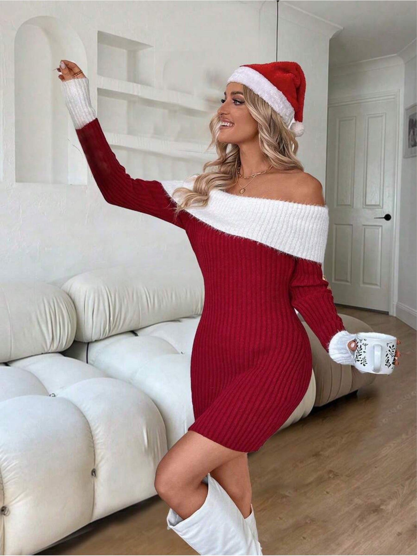 Women's Elegant Off-Shoulder/Boat Neck Dress with Color-Block Bodice & Solid - Winter Wedding Guest Gown, Christmas Party Dress, Hand Washable Fall/Winter Formal Attire (Non-)