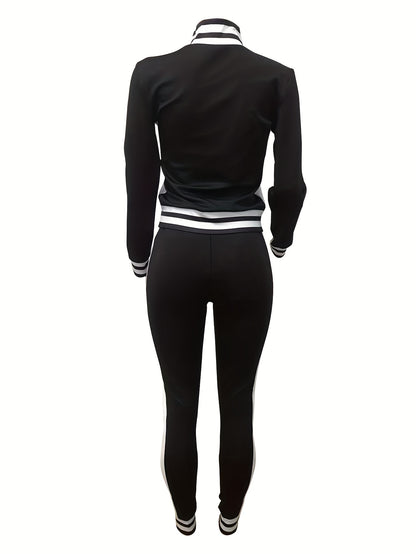 Women's Casual Striped 2-Piece Set with Zip-Up Jacket & Pants - ayq