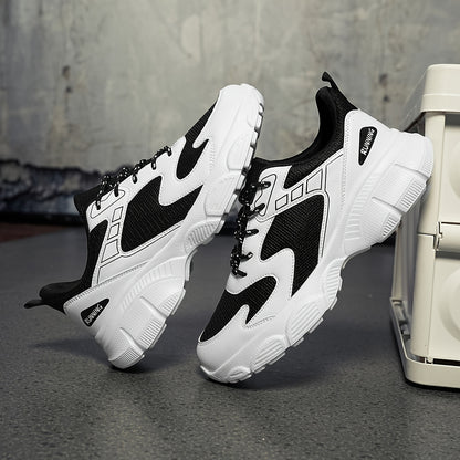 Men's Fashionable Black and White Sneakers - Retro Sports Shoes, Comfortable Outdoor Footwear