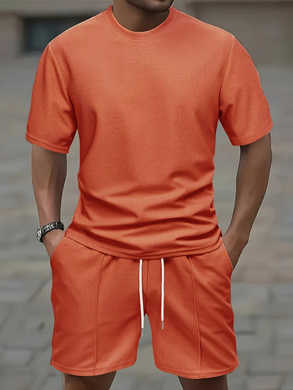 European and American Style Men's Basic Solid Color Set Round Neck Short Sleeve T-Shirt + Shorts Two-Piece Suit