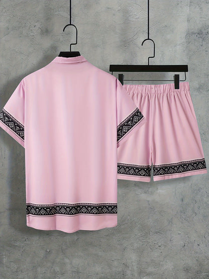 Men'S Two-Piece Set Consisting of a Casual Short-Sleeve Button-Up Shirt And Drawstring Pants, Perfect for Summer Wear.