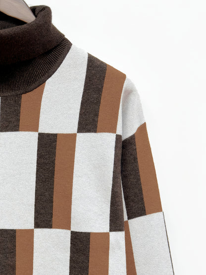 Men'S High-Neck Knitted Pullover Sweater - Striped Color-Blocking Stylish Casual Knit Top for Men - Sweater for Back-To-School Season And Holiday Gatherings