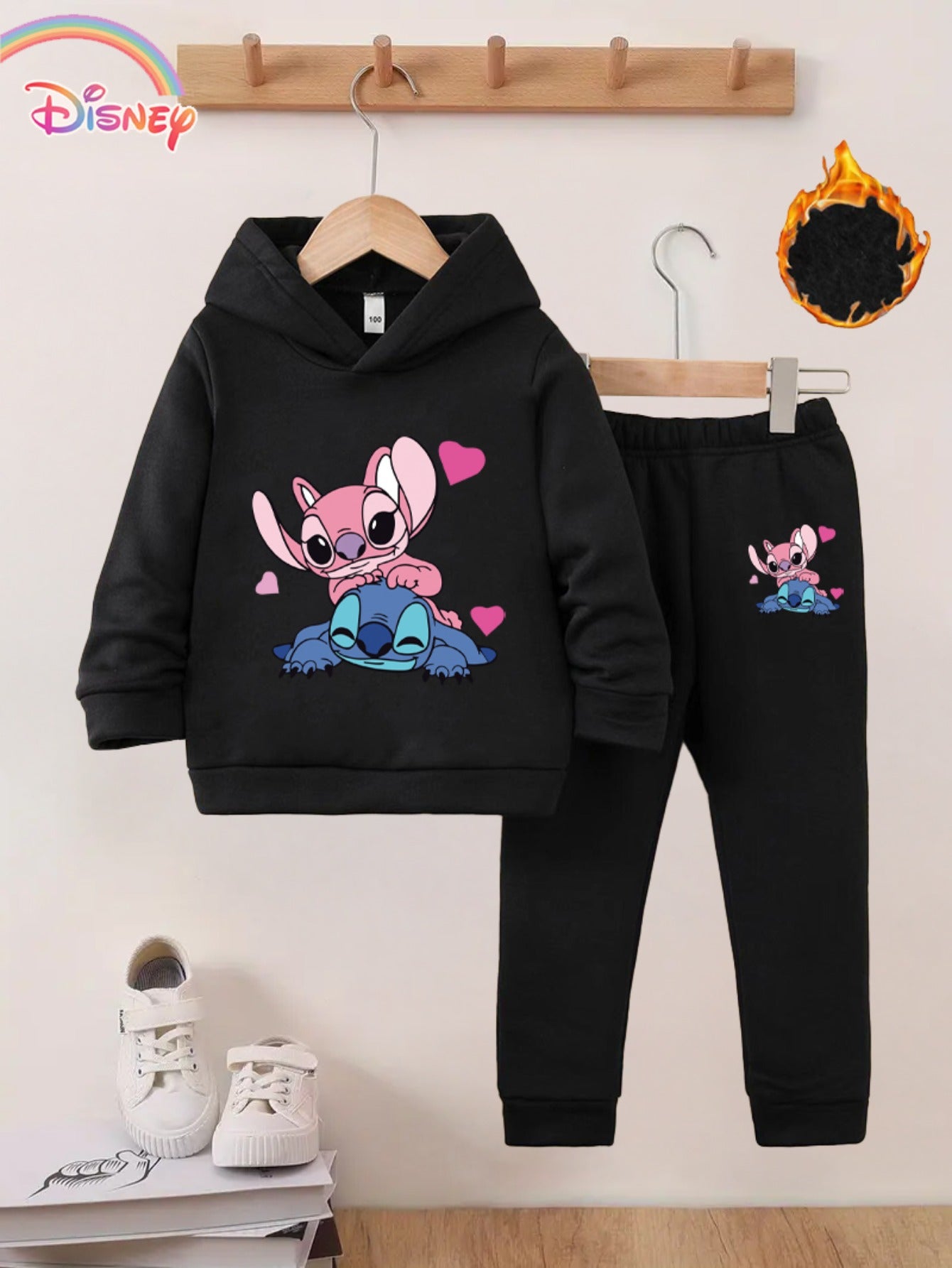 Series Stitch Girls' Two-Piece Autumn Winter New Hoodie Set - Available in Multiple Colors, Cartoon Print Embellishments, 3-10 Years Old, Outdoor Activity Fleece, for Outdoor, Thick