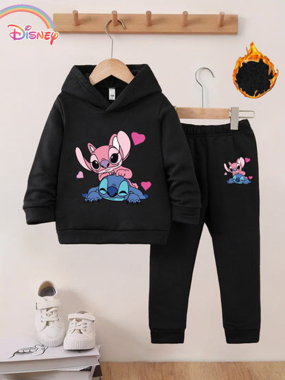 Series Stitch Girls' Two-Piece Autumn Winter New Hoodie Set - Available in Multiple Colors, Cartoon Print Embellishments, 3-10 Years Old, Outdoor Activity Fleece, for Outdoor, Thick