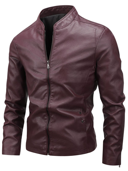 Men's Casual Baseball Collar PU Jacket with Zipper