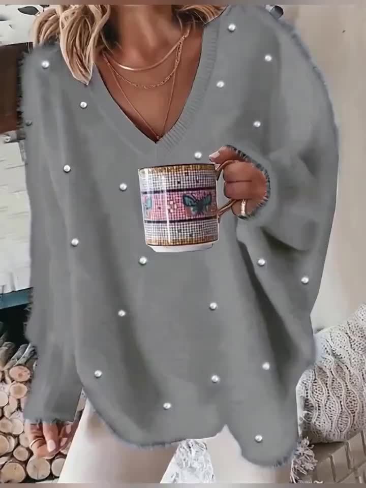 Plus Size - Women'S Cozy Yellow V-Neck Sweater with Pearl Buttons & Fleece-Lined Cuffs - Asymmetrical Hem, Geometric Pattern, Casual Winter Pullover for Casual Attire, Winter Apparel | Vneck Sweater | Pearl Button Details, Sw