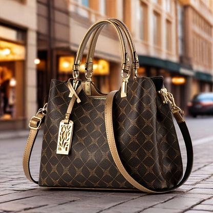 Women's Top-Grain Leather Handbag with Adjustable Strap - Geometric Pr