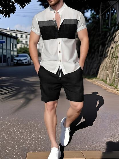Men'S Casual Solid Color Two-Tone Suit with Stand Collar, Three-Color Imitation Linen, Exquisite Button, Double Short, Solid Color Set