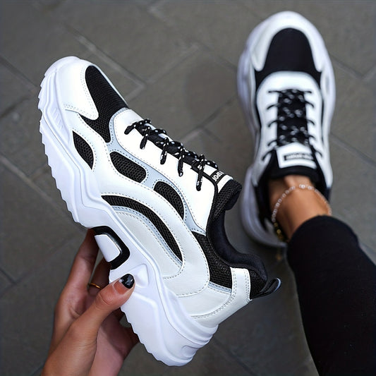 Women's Fashionable Platform Chunky Sneakers, Lace Up Breathable Running Shoes, Thick Bottom Outdoor Casual Dad Shoes