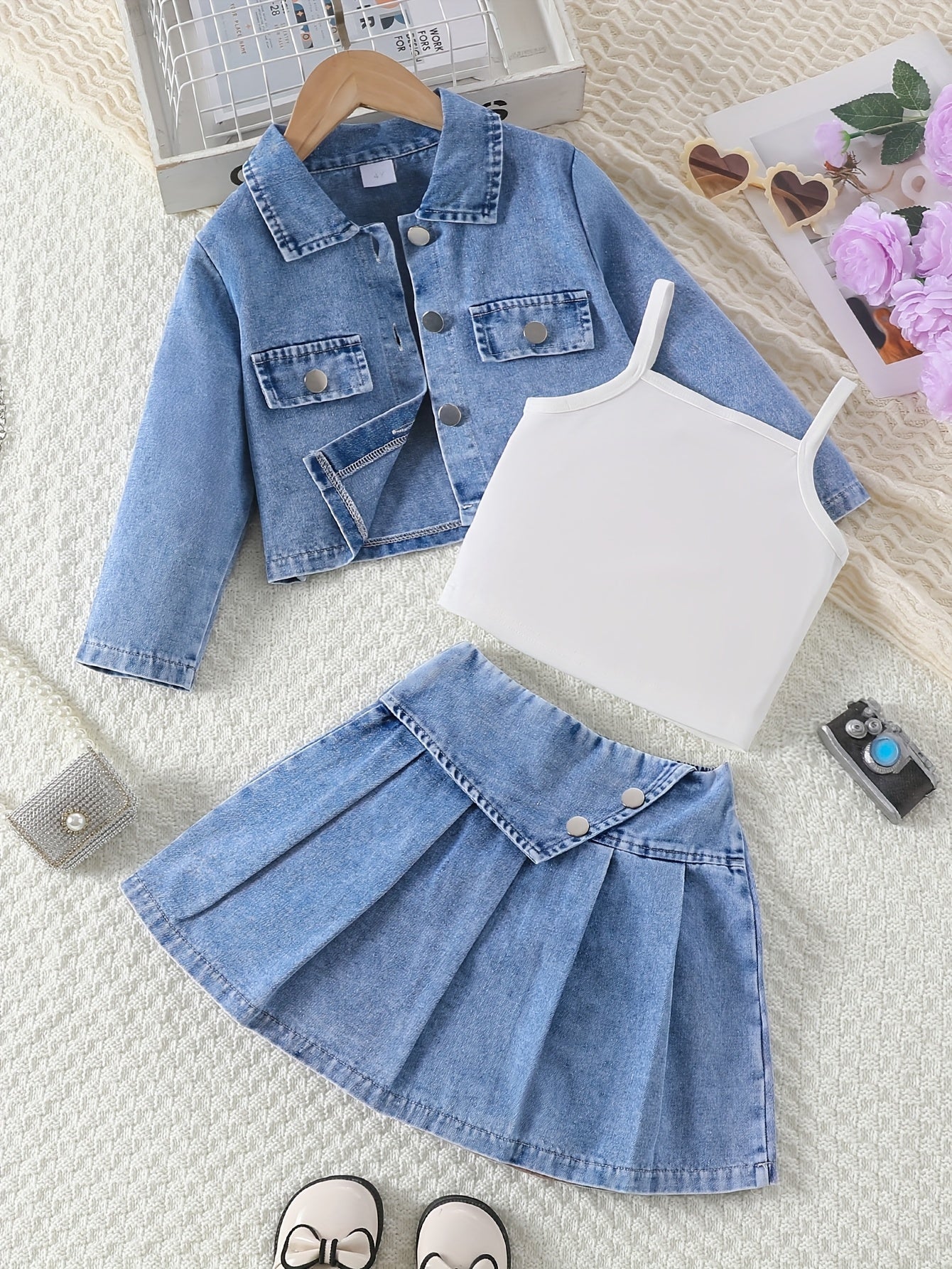 Girls' 3-Piece Denim Jacket, Tank Top & Pleated Skirt Set