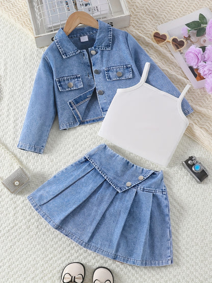 Girls' 3-Piece Denim Jacket, Tank Top & Pleated Skirt Set