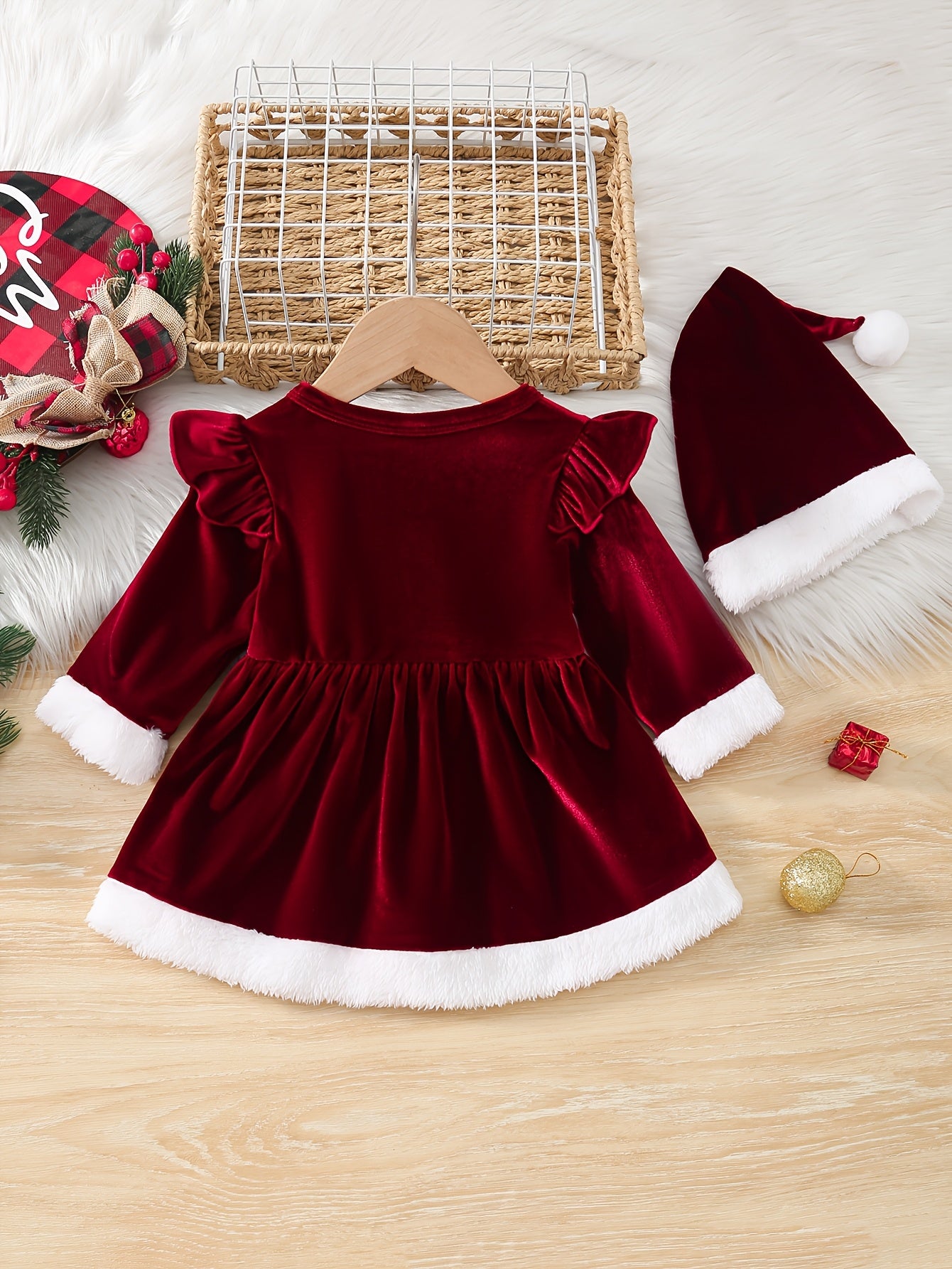 2pcs 's Winter Dress & Hat - Cozy Furry Letter "" Outfit (for /), Warm Long Sleeve Dress suitable for Christmas, Photoshoots - Machine Washable Clothing