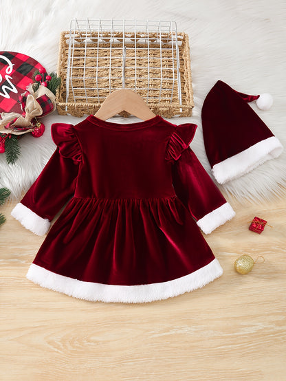 2pcs 's Winter Dress & Hat - Cozy Furry Letter "" Outfit (for /), Warm Long Sleeve Dress suitable for Christmas, Photoshoots - Machine Washable Clothing