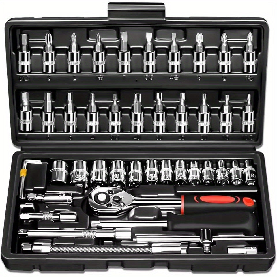 46pcs Heavy-Duty Stainless Steel Tool Set with Precision Ratchet Wrench, Screwdriver Bits & Sockets - All-in-One Mechanic'S Tool Kit with Impact-Resistant, Ergonomic Handle & Storage For Auto, Home