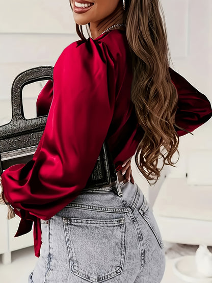 Cross-Neck Belted Shirt BK052832, Elegant Long-Sleeve Crop Top for Spring and Autumn Women's W0124