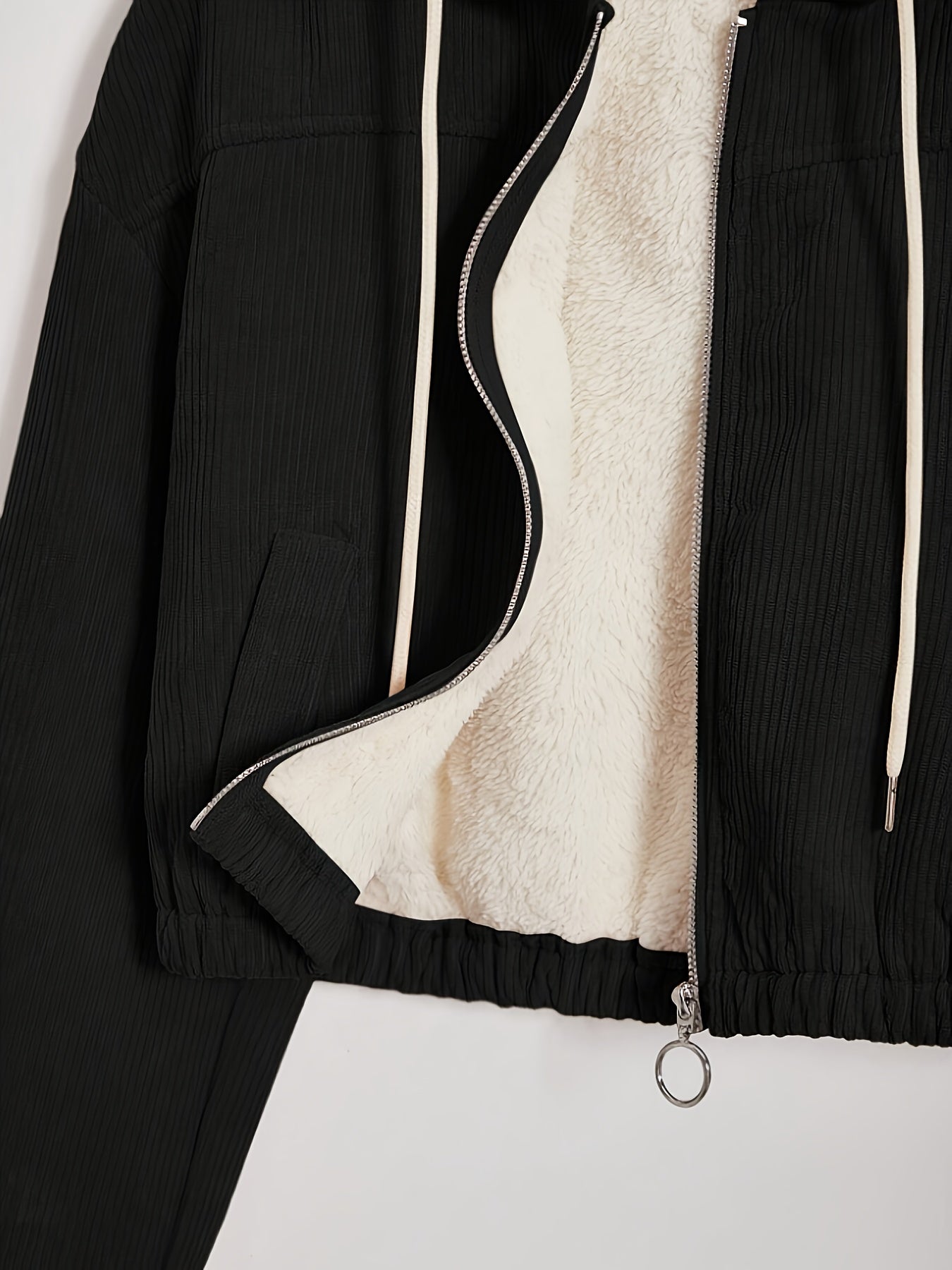 Women'S Black Hooded Jacket with Fleece Lining - Full-Zip Winter Coat, Full-Zip Front Closure, Zippered Pockets, Machine Washable Outer Shell