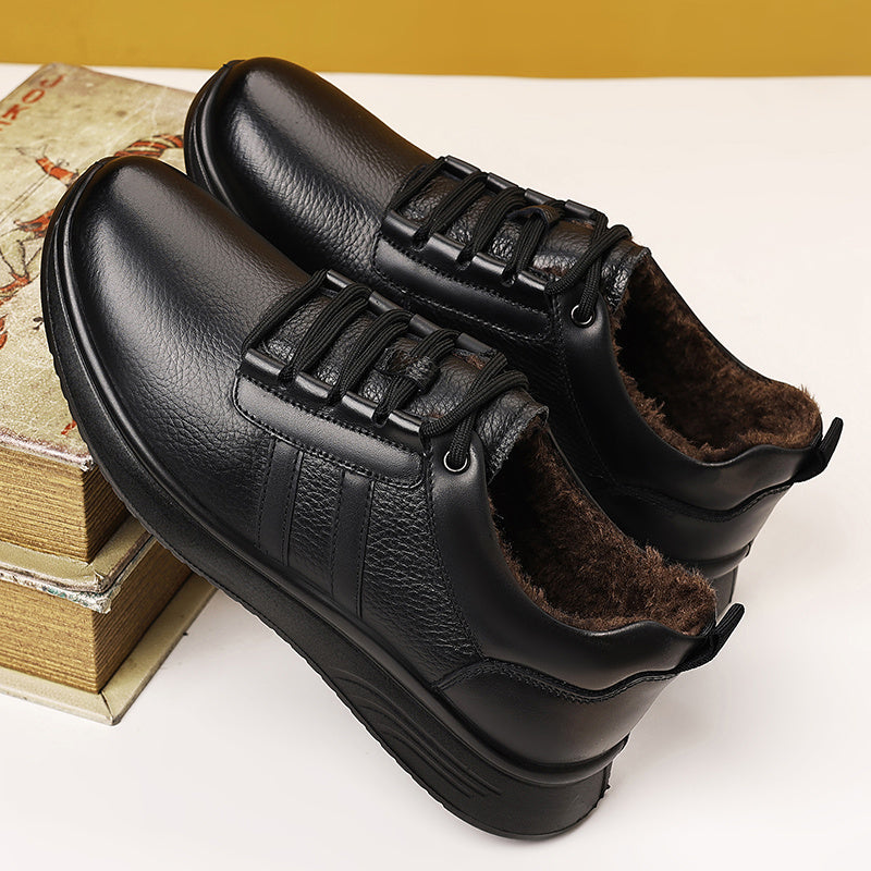 Men's All-Day Comfort Winter Shoes with Faux Fur, Elasticated Laces - Genuine Cowhide Upper & Sole, Low-Top Round-Foot Design for Warmth & Traction - All- Suitable for Travel, Work, Outdoor & Casual Wear