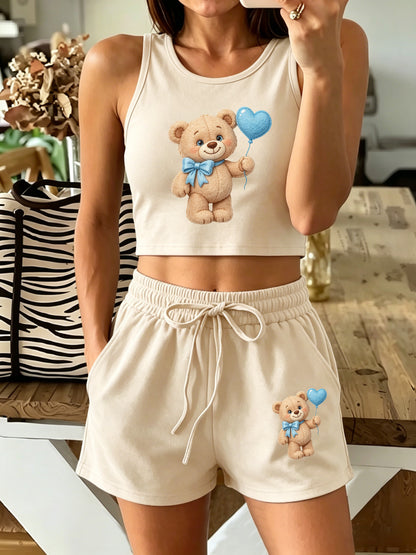 Casual Women's Two-Piece Vest and Shorts Set with Pattern Print