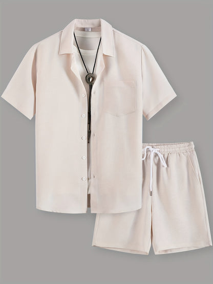 Men's Casual Solid Color Short Sleeve Shirt & Drawstring Shorts Set