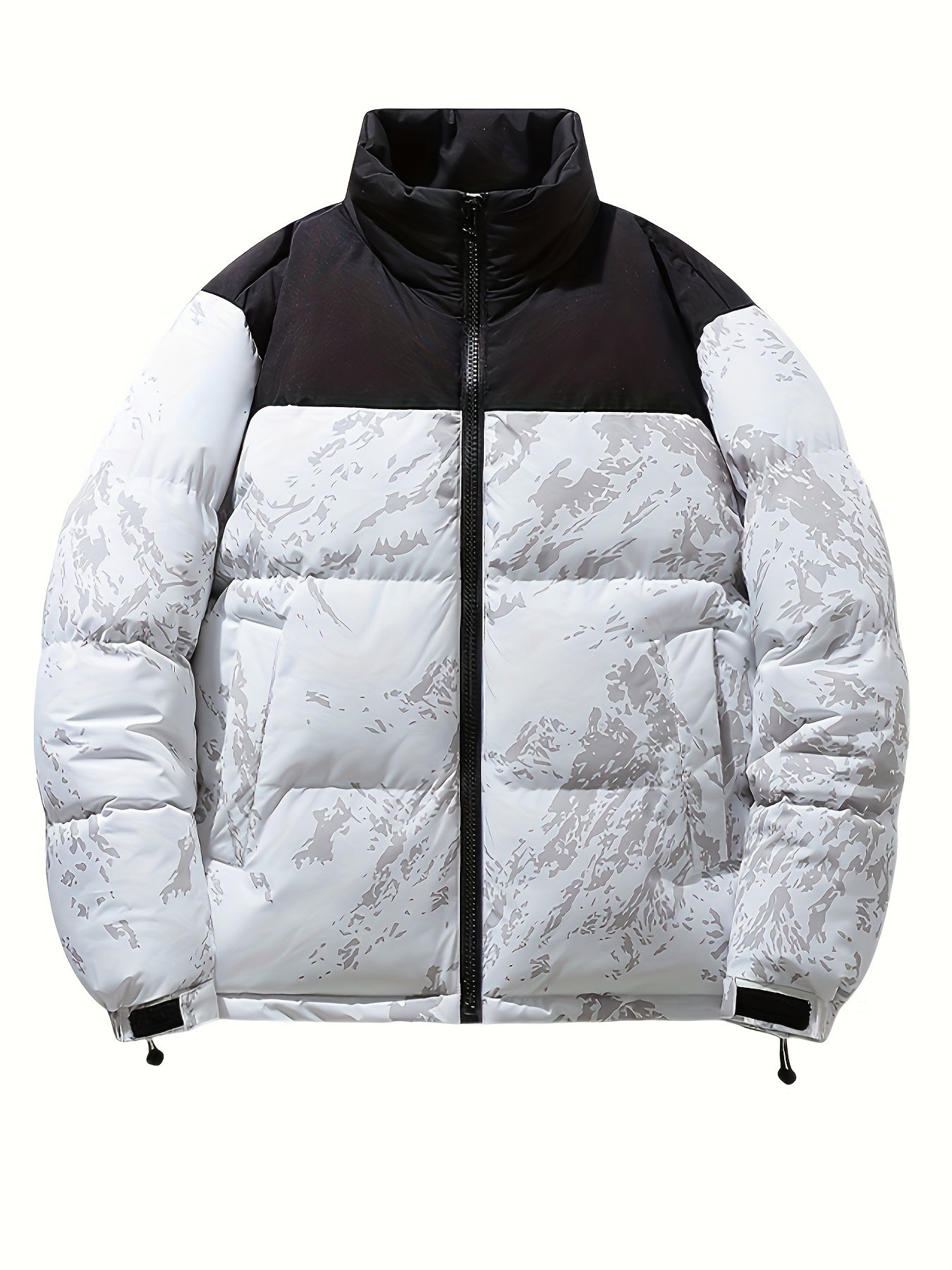 Men's Winter Jacket Windproof Coat with Stand Collar & Camo Marbled Pattern (Black/White/Grey) - Thickened Padded, Full-Zip Closure, for Skiing,, Outdoor Activities - Cold Weather Survival