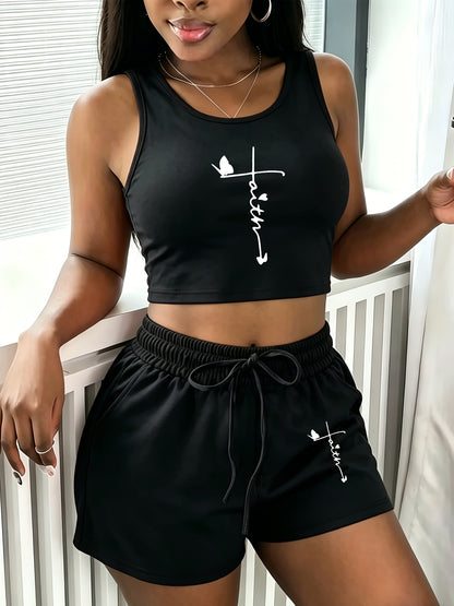 Women's Casual Printed Sleeveless Vest and Loose Shorts Set