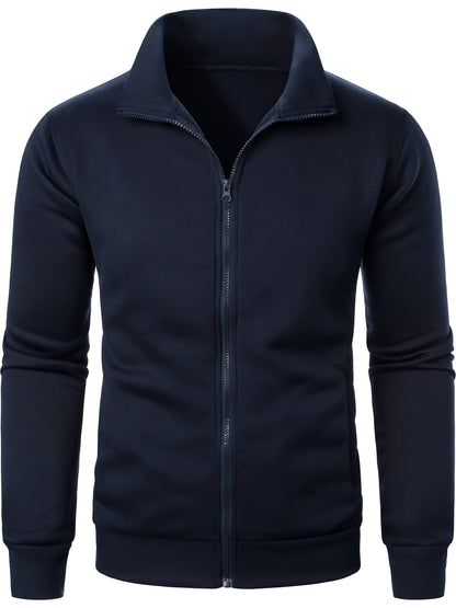 Men'S Slim-Fit Fleece-Lined Zip-Up Hoodie - Warm Long Sleeve Casual Jacket with Stand Collar, Solid Color, Polyester Lining, Pockets, Regular Fit for Fall/Winter, Winter Hoodie, Autumn Outerwear, Sleek Design, Durable Fabric,