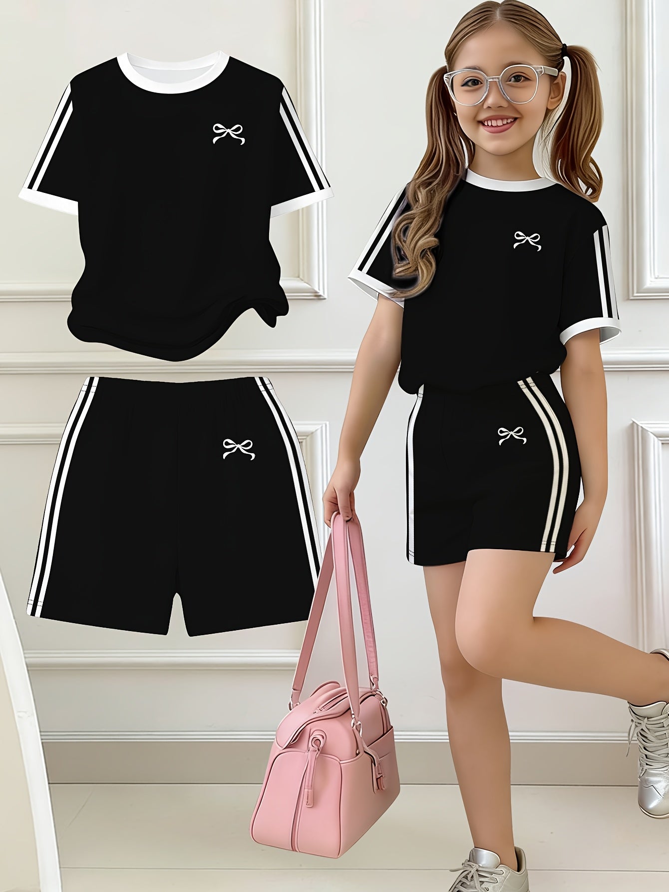 Girls' Butterfly Print Bow Short Sleeve Tee & Shorts Set