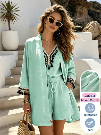 Women’s Boho Linen Blend Three-Piece Summer Suit Set