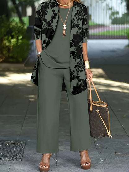 Plus Size, A three-piece set of elegant and unique female plus-size floral printed top and solid-colored vest and trousers