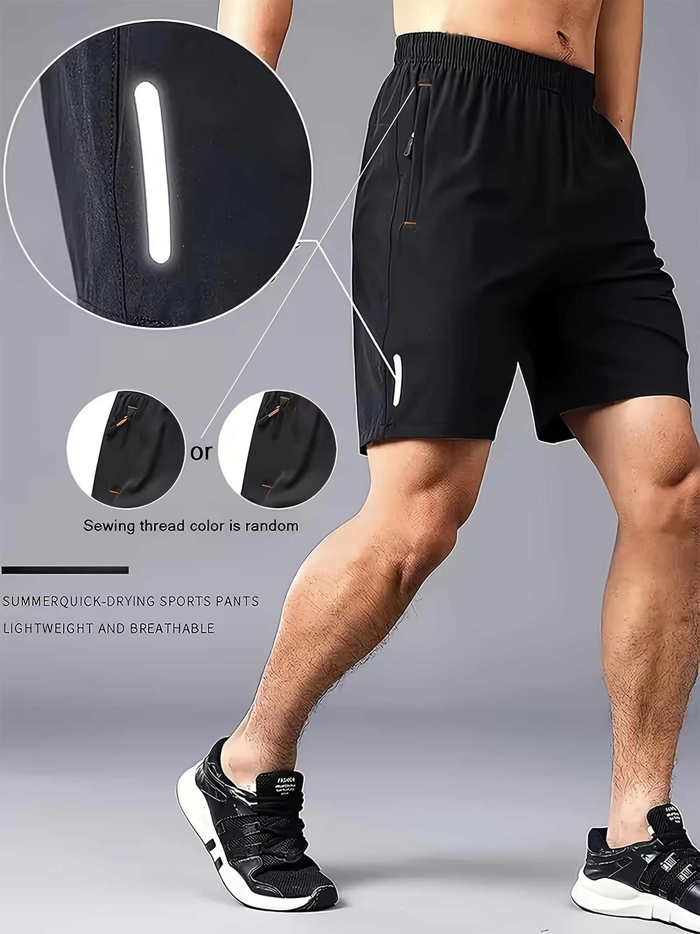 Men's Sporty Casual Shorts with Reflective Strips, Zipper Pockets