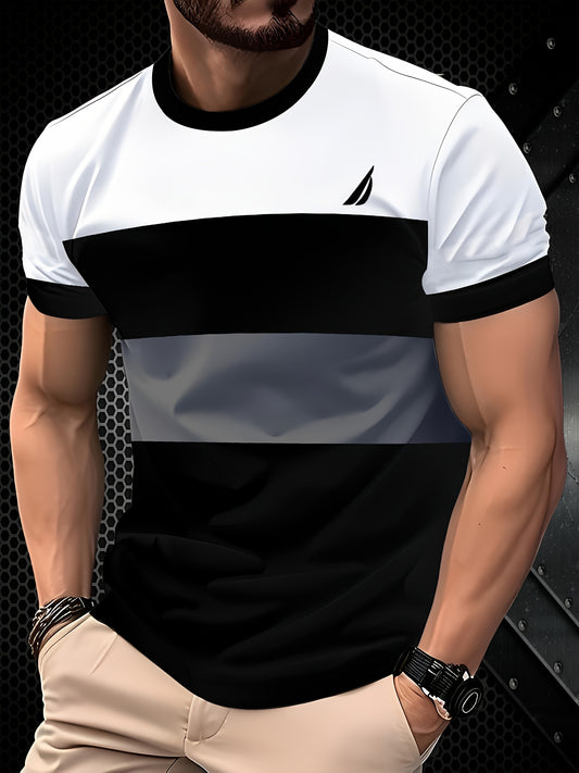 Men'S Stylish Casual T-Shirt - 100% Polyester, Crew Neck Short Sleeve, Machine Washable, Comfortable All-Season Wear   Smooth Texture Fabric