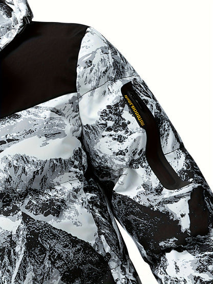 Men'S Heavyweight Winter Jacket - Windproof Thermal Insulated Hooded Coat with Full-Zip Closure, Adjustable Hood & Zippered Arm Pockets - Cold Weather Skiing, Snowboarding, Outdoor Activities - Black/White Camo Pattern - Poly