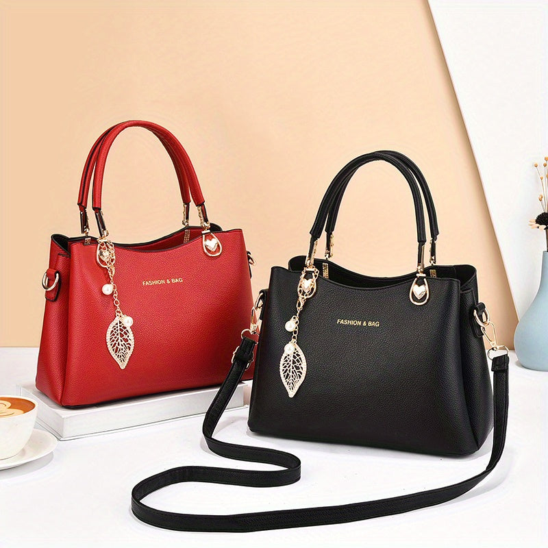 Elegant Wo 's Handbag with Detachable Shoulder Strap, Golden-Tone Hardware & Chic Leaf Charm - Stylish White Satchel for Everyday Use, Casual Chic Bag | Stylish Charm Handbag | Bag