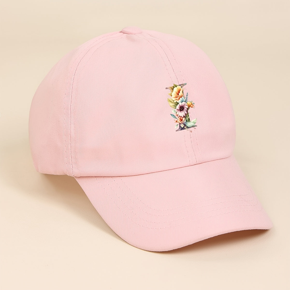 Adjustable Pink Baseball Cap for Kids with Floral Alphabet Design