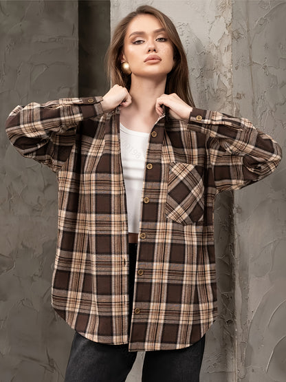 Plaid Long Sleeve Women's Casual Blouse with Lapel Collar
